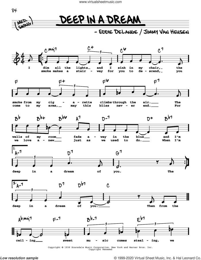 Deep In A Dream (High Voice) sheet music for voice and other instruments (real book with lyrics) by Jimmy Van Heusen and Eddie DeLange, intermediate skill level