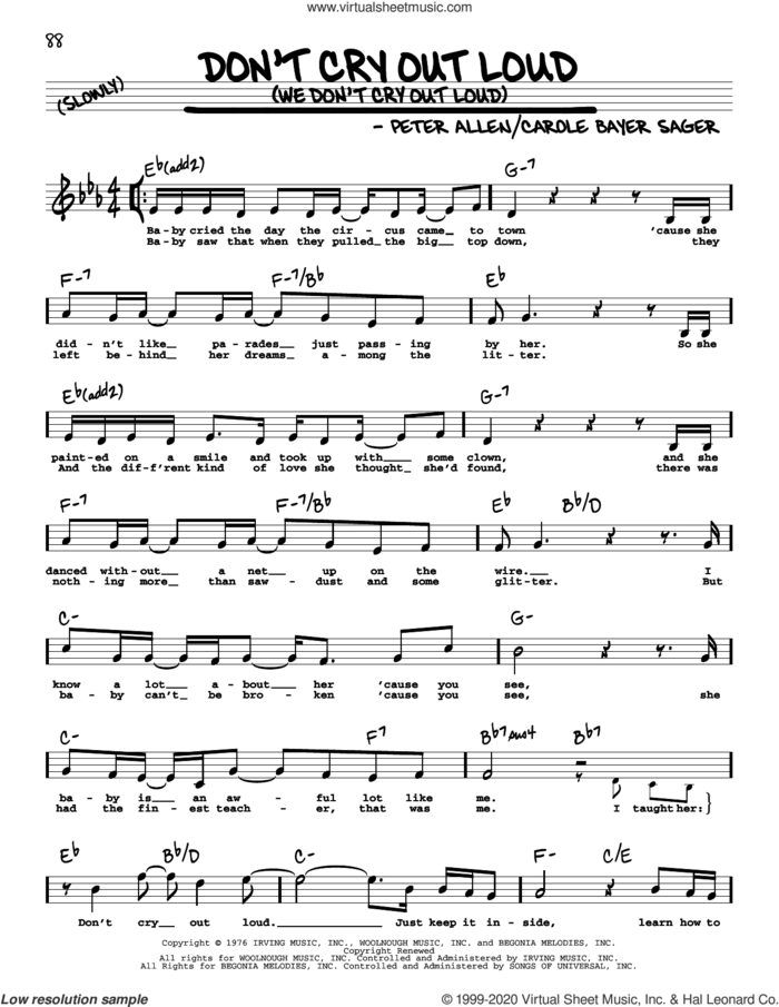 Don't Cry Out Loud (We Don't Cry Out Loud) (High Voice) (from The Boy From Oz) sheet music for voice and other instruments (real book with lyrics) by Melissa Manchester, Carole Bayer Sager and Peter Allen, intermediate skill level
