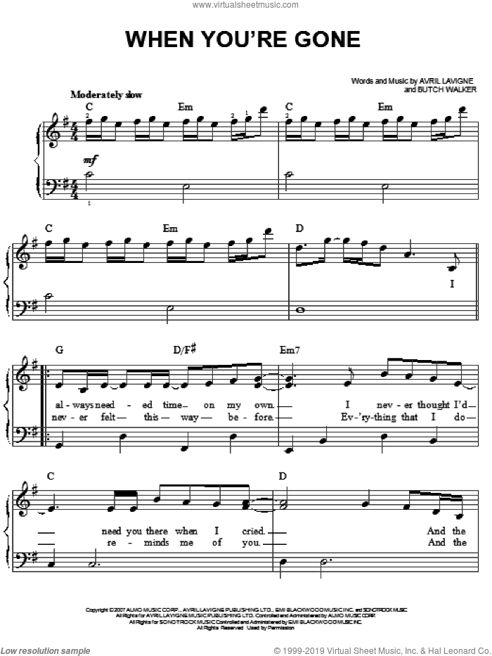 When You're Gone sheet music for piano solo by Avril Lavigne and Butch Walker, easy skill level
