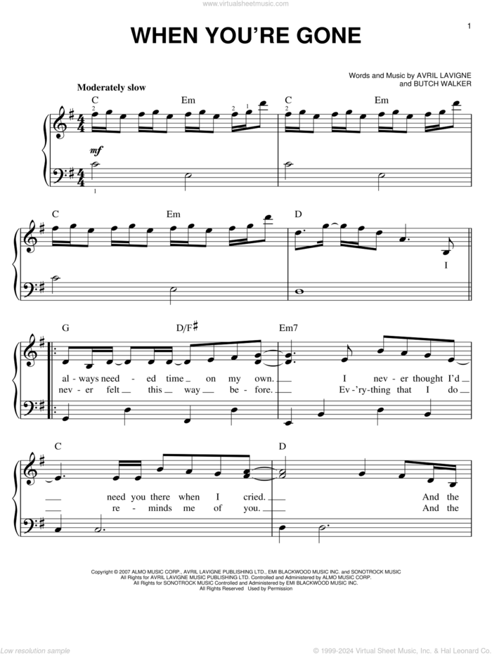 When You're Gone sheet music for piano solo by Avril Lavigne and Butch Walker, easy skill level