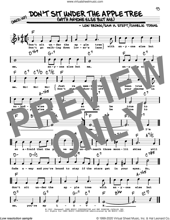 Don't Sit Under The Apple Tree (With Anyone Else But Me) (High Voice) sheet music for voice and other instruments (real book with lyrics) by Lew Brown, Charles Tobias and Sam H. Stept, intermediate skill level