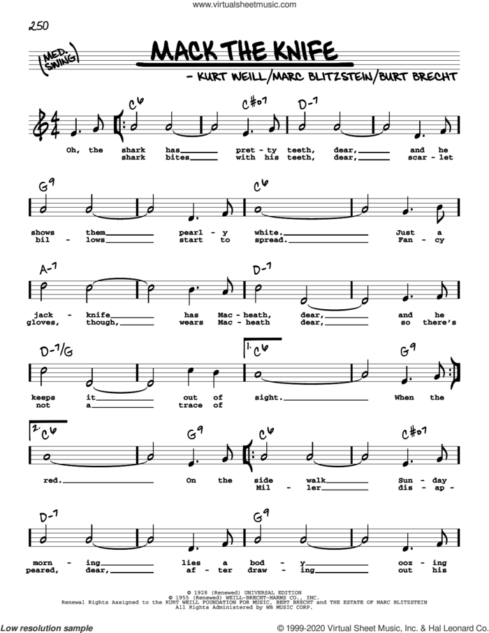 Mack The Knife (High Voice) sheet music for voice and other instruments (high voice) by Bobby Darin, Bertolt Brecht, Kurt Weill and Marc Blitzstein, intermediate skill level