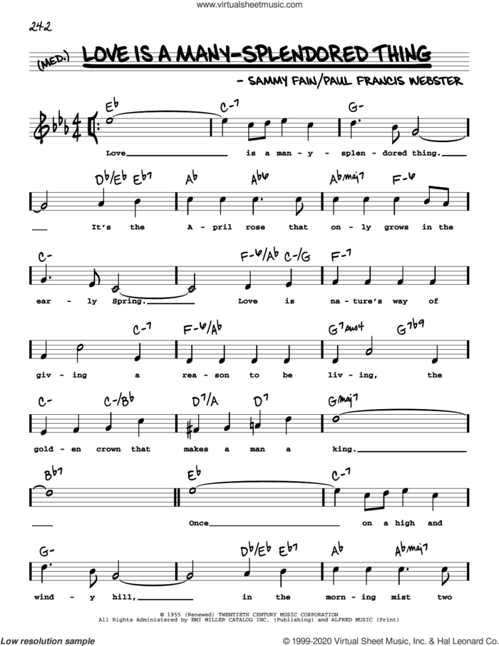 Love Is A Many-Splendored Thing (High Voice) sheet music for voice and other instruments (high voice) by Four Aces, Paul Francis Webster and Sammy Fain, intermediate skill level