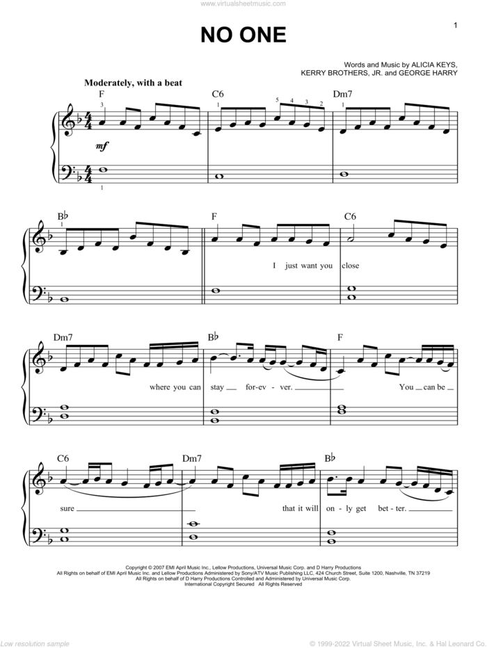 No One, (easy) sheet music for piano solo by Alicia Keys, George Harry and Kerry Brothers, easy skill level