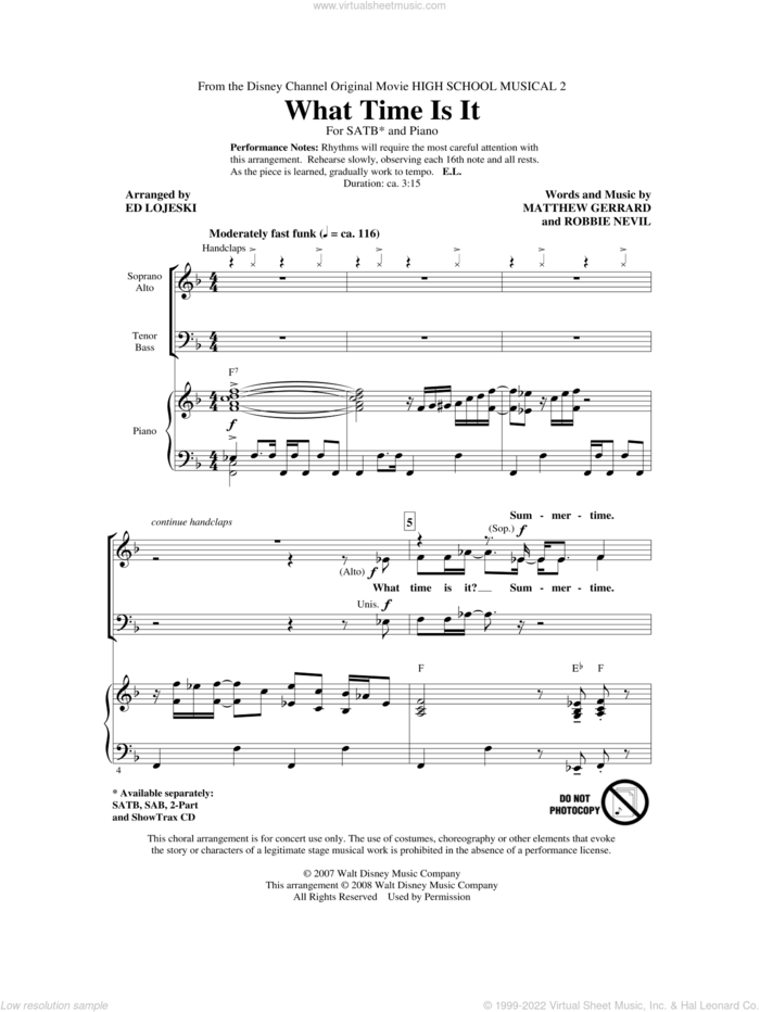 What Time Is It sheet music for choir (SATB: soprano, alto, tenor, bass) by Matthew Gerrard, Robbie Nevil, Ed Lojeski and High School Musical, intermediate skill level