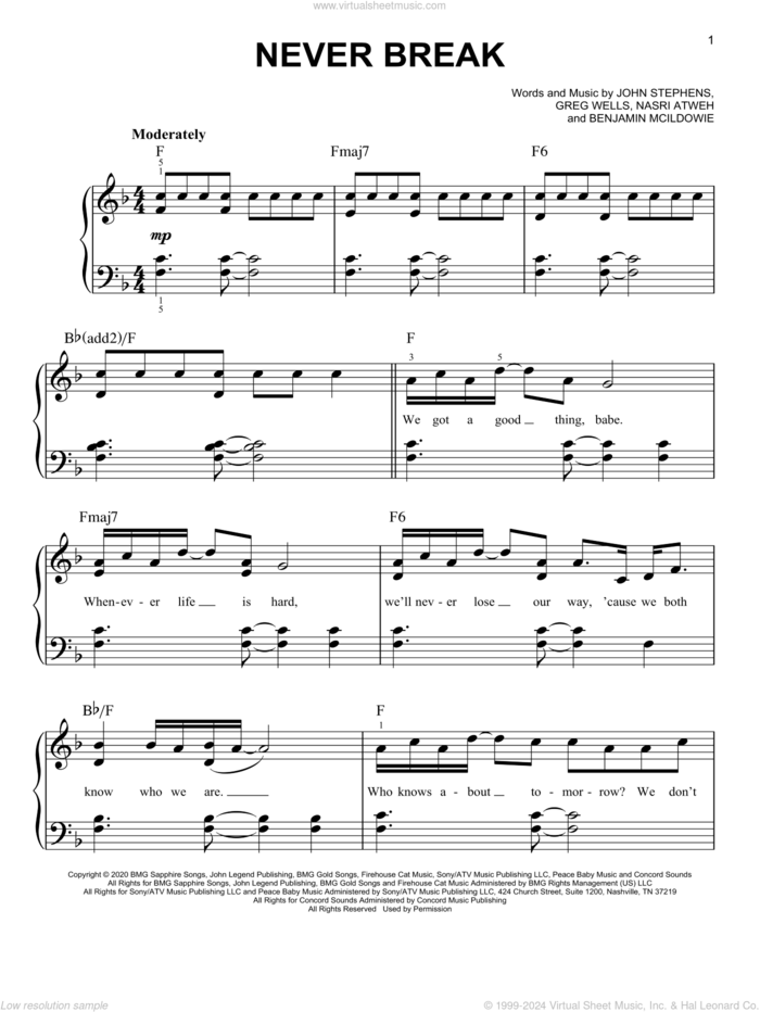 Never Break sheet music for piano solo by John Legend, Benjamin McIldowie, Greg Wells, John Stephens and Nasri Atweh, easy skill level