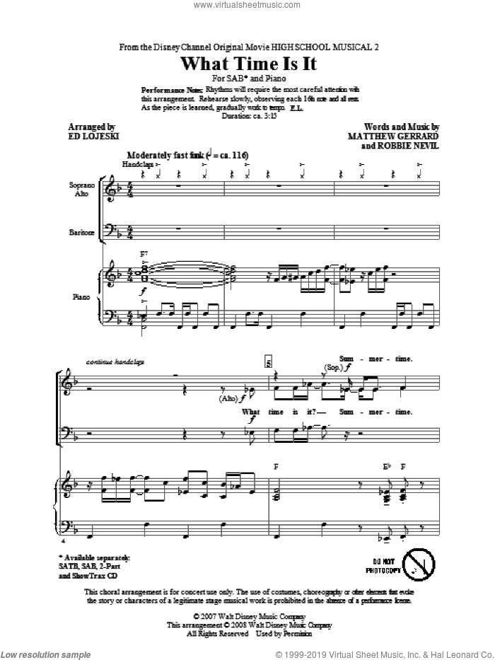 What Time Is It sheet music for choir (SAB: soprano, alto, bass) by Matthew Gerrard, Robbie Nevil, Ed Lojeski and High School Musical, intermediate skill level