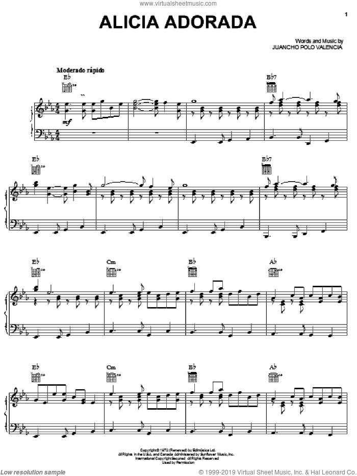 Alicia Adorada sheet music for voice, piano or guitar by Juancho Polo Valencia, intermediate skill level