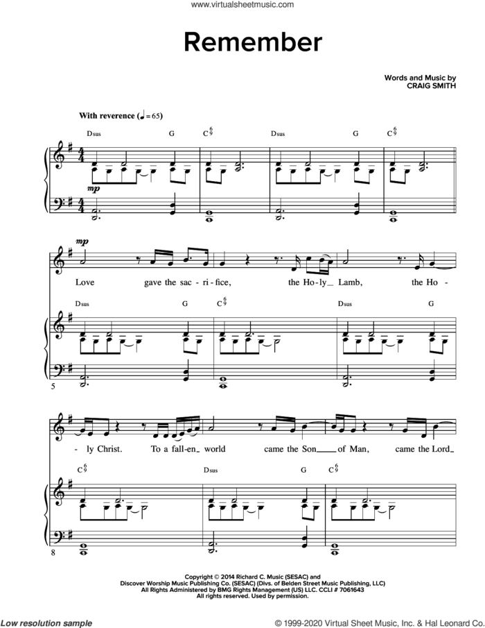 Remember sheet music for voice and piano by Craig Smith, intermediate skill level