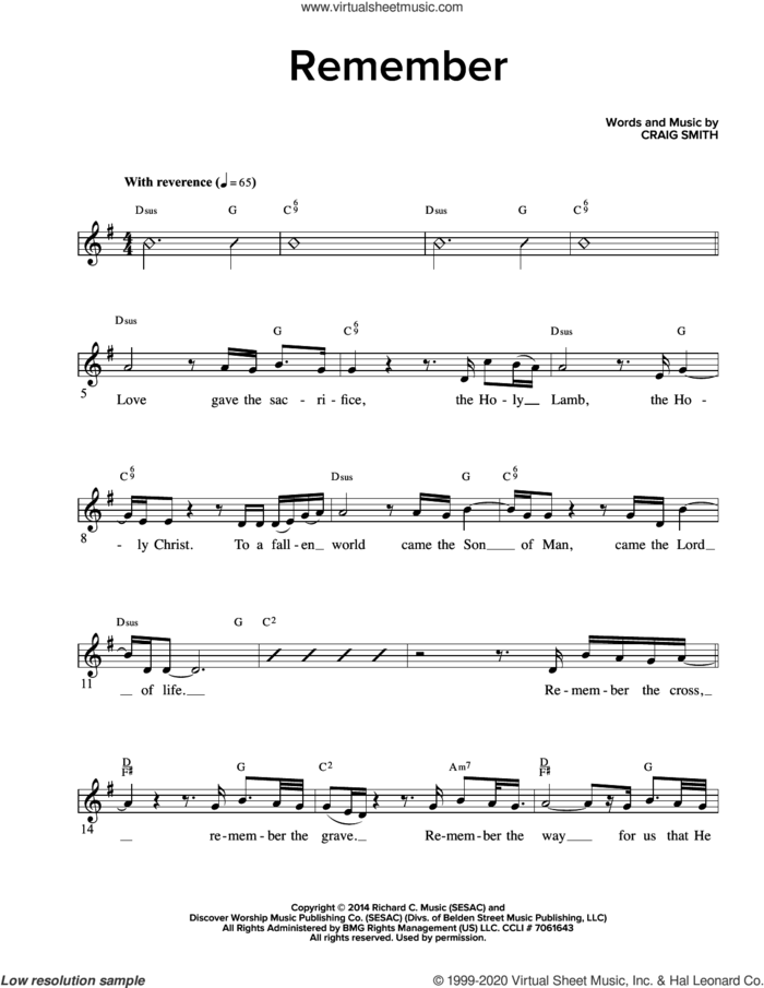 Remember sheet music for voice and other instruments (fake book) by Craig Smith, intermediate skill level