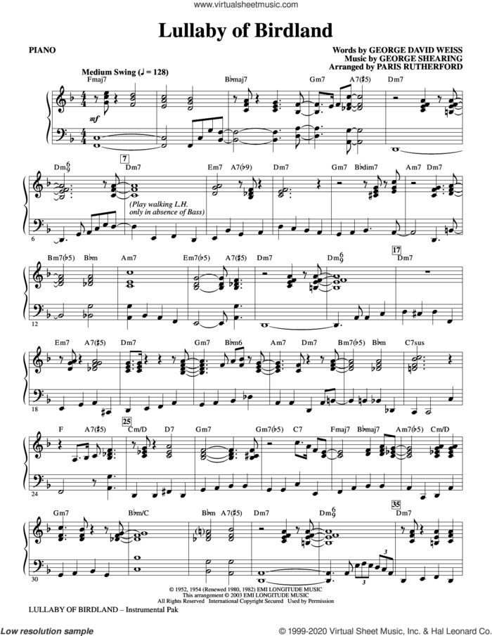 Lullaby Of Birdland (arr. Paris Rutherford) (complete set of parts) sheet music for orchestra/band (Rhythm) by George David Weiss and George Shearing, George David Weiss, George Shearing and Paris Rutherford, intermediate skill level