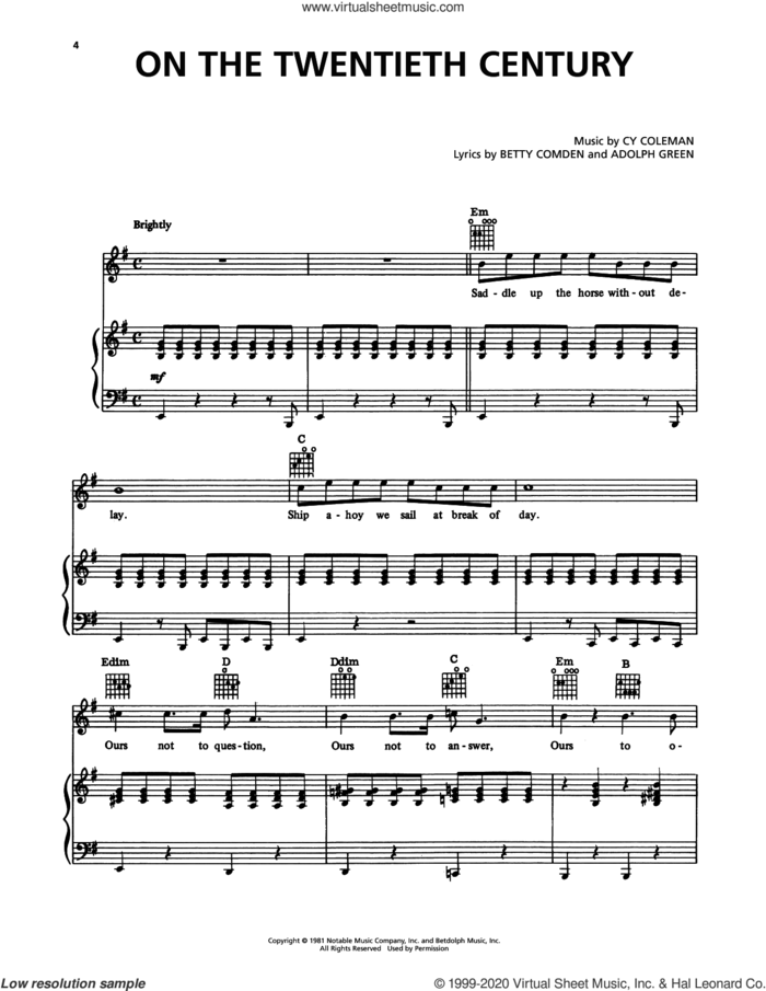 On The Twentieth Century (from On The Twentieth Century) sheet music for voice, piano or guitar by Cy Coleman, Adolph Green and Betty Comden, intermediate skill level