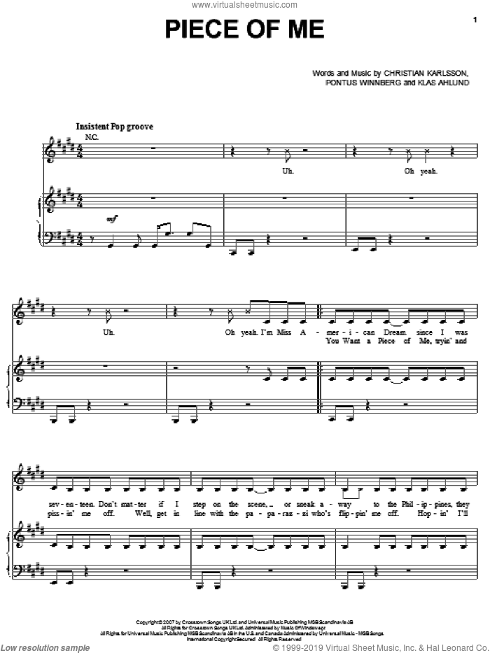 Piece Of Me sheet music for voice, piano or guitar by Britney Spears, Christian Karlsson, Klas Ahlund and Pontus Winnberg, intermediate skill level