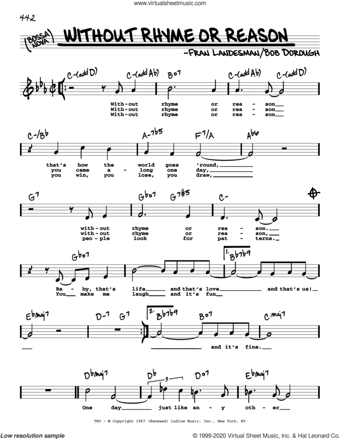 Without Rhyme Or Reason (High Voice) sheet music for voice and other instruments (real book with lyrics) by Bob Dorough, Fran Landesman and Fran Landesman and Bob Dorough, intermediate skill level