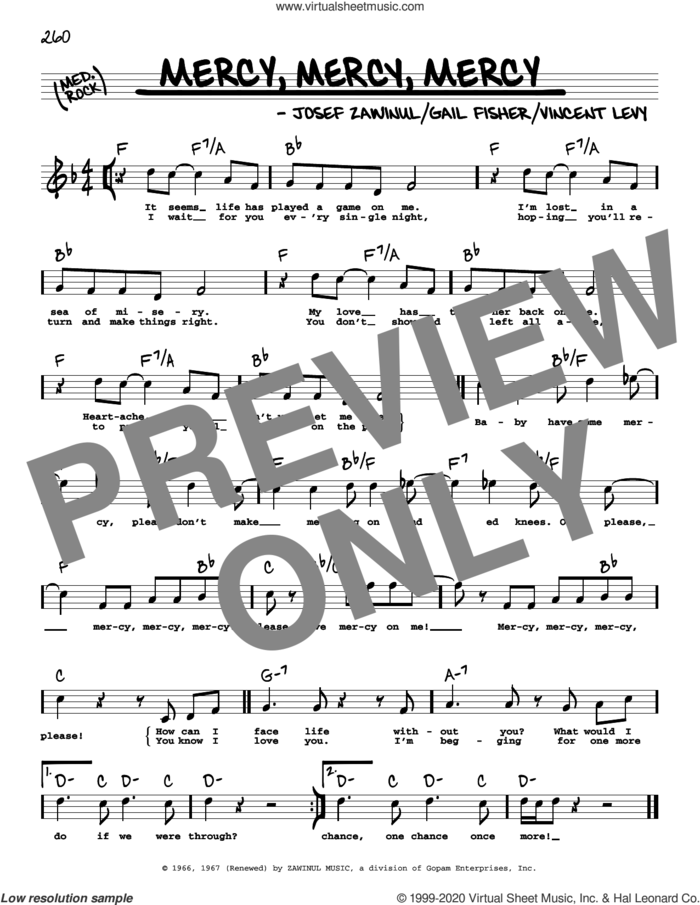 Mercy, Mercy, Mercy (High Voice) sheet music for voice and other instruments (real book with lyrics) by Gail Fisher, Josef Zawinul and Vincent Levy, intermediate skill level