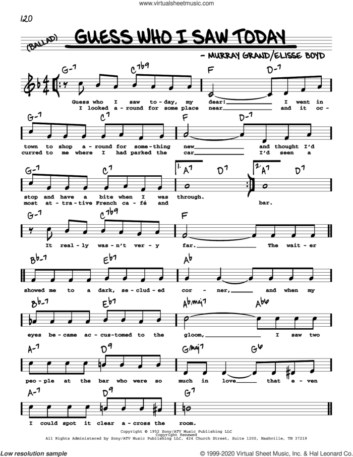 Guess Who I Saw Today (High Voice) sheet music for voice and other instruments (real book with lyrics) by Murray Gr and Elisse Boyd, intermediate skill level