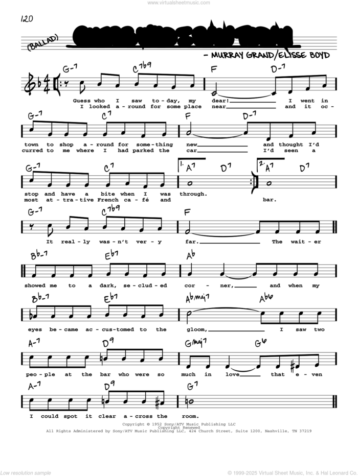 Guess Who I Saw Today (High Voice) sheet music for voice and other instruments (real book with lyrics) by Murray Gr and Elisse Boyd, intermediate skill level