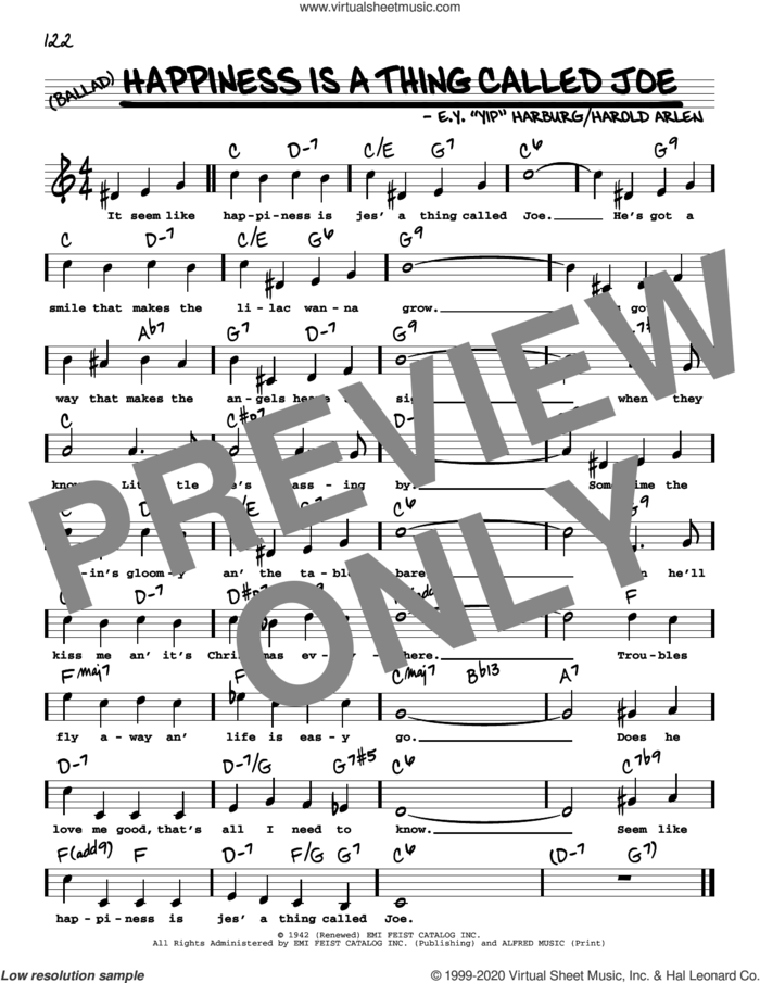 Happiness Is A Thing Called Joe (High Voice) sheet music for voice and other instruments (real book with lyrics) by Harold Arlen, E.Y. 'Yip' Harburg and Harold Arlen and E.Y. Harburg, intermediate skill level