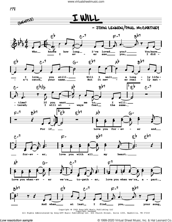 I Will (High Voice) sheet music for voice and other instruments (real book with lyrics) by The Beatles, John Lennon and Paul McCartney, intermediate skill level