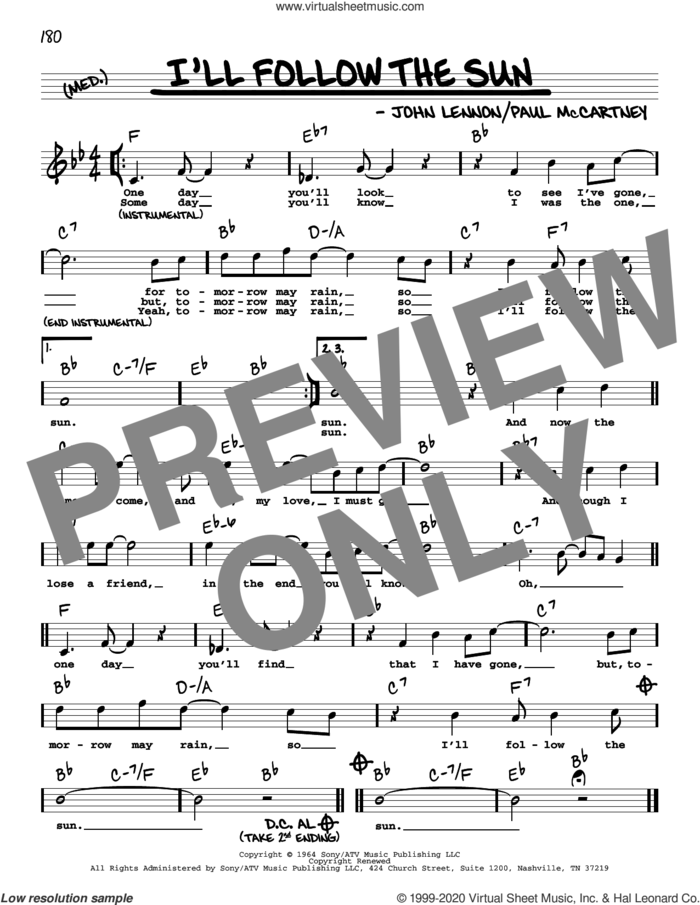 I'll Follow The Sun (High Voice) sheet music for voice and other instruments (real book with lyrics) by The Beatles, John Lennon and Paul McCartney, intermediate skill level