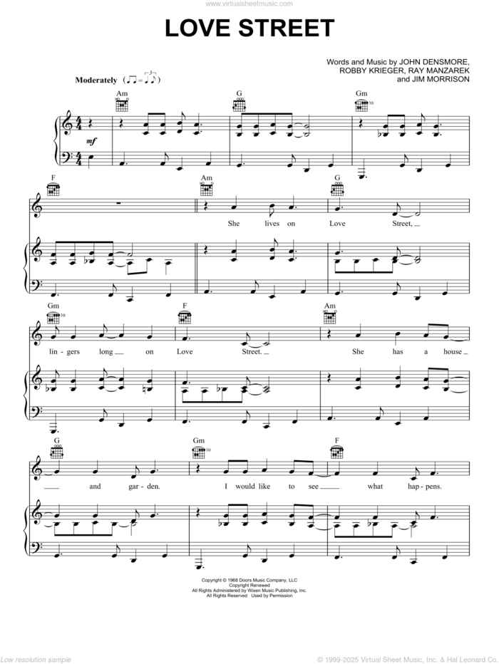 Love Street sheet music for voice, piano or guitar by The Doors, Jim Morrison, John Densmore, Ray Manzarek and Robby Krieger, intermediate skill level