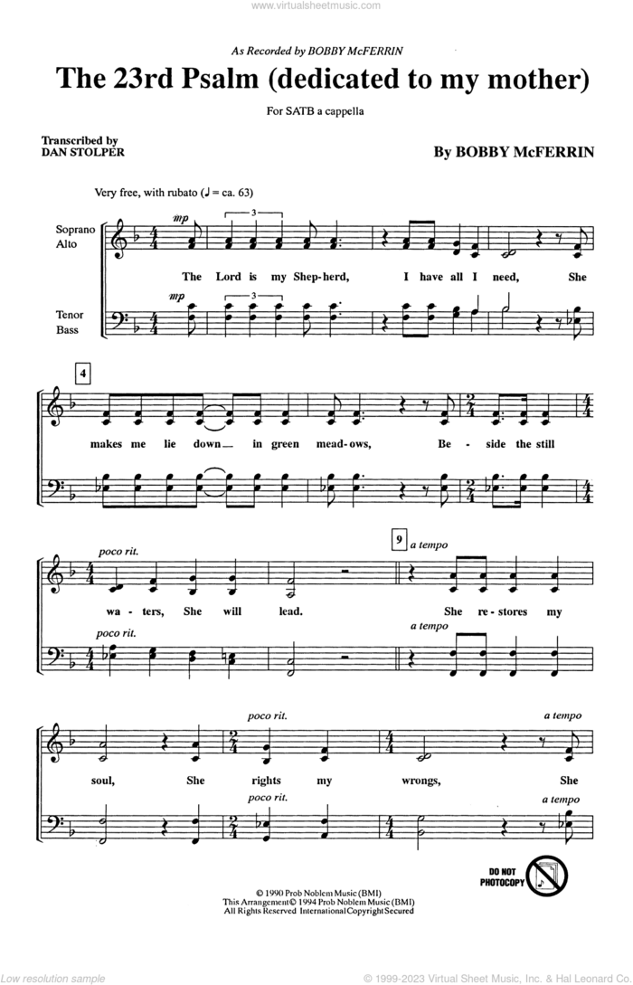 The 23rd Psalm (Dedicated To My Mother) sheet music for choir (SATB: soprano, alto, tenor, bass) by Bobby McFerrin, intermediate skill level
