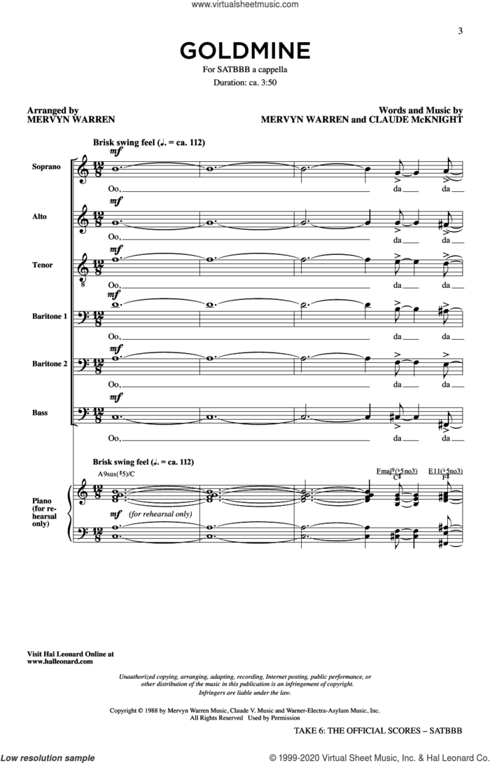 Gold Mine (arr. Mervyn Warren) sheet music for choir (SATBBB) by Take 6, Claude McKnight and Mervyn Warren, intermediate skill level