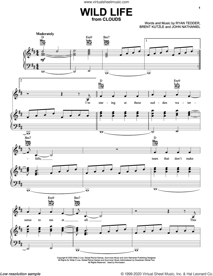 Wild Life (from the Disney+ movie Clouds) sheet music for voice, piano or guitar by OneRepublic, Brent Kutzle, John Nathaniel and Ryan Tedder, intermediate skill level