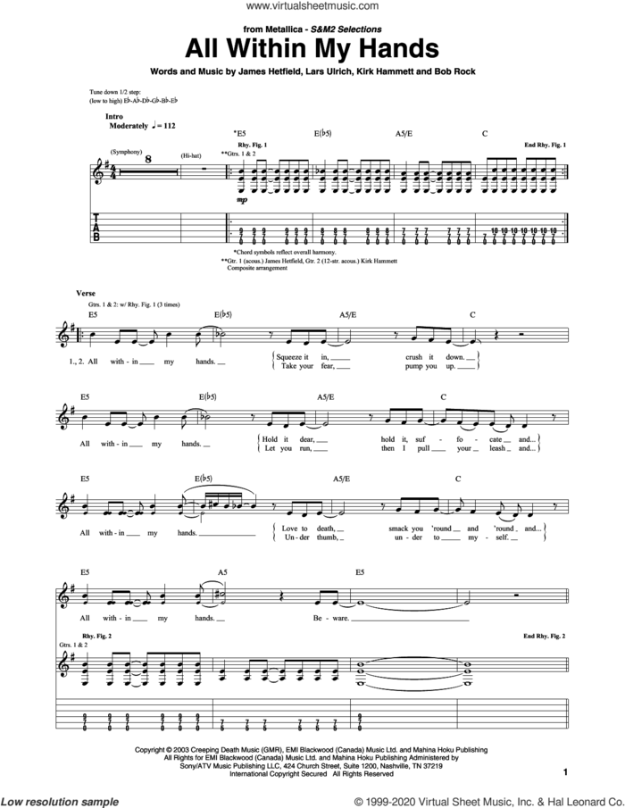 All Within My Hands sheet music for guitar (tablature) by Metallica, Bob Rock, James Hetfield, Kirk Hammett and Lars Ulrich, intermediate skill level