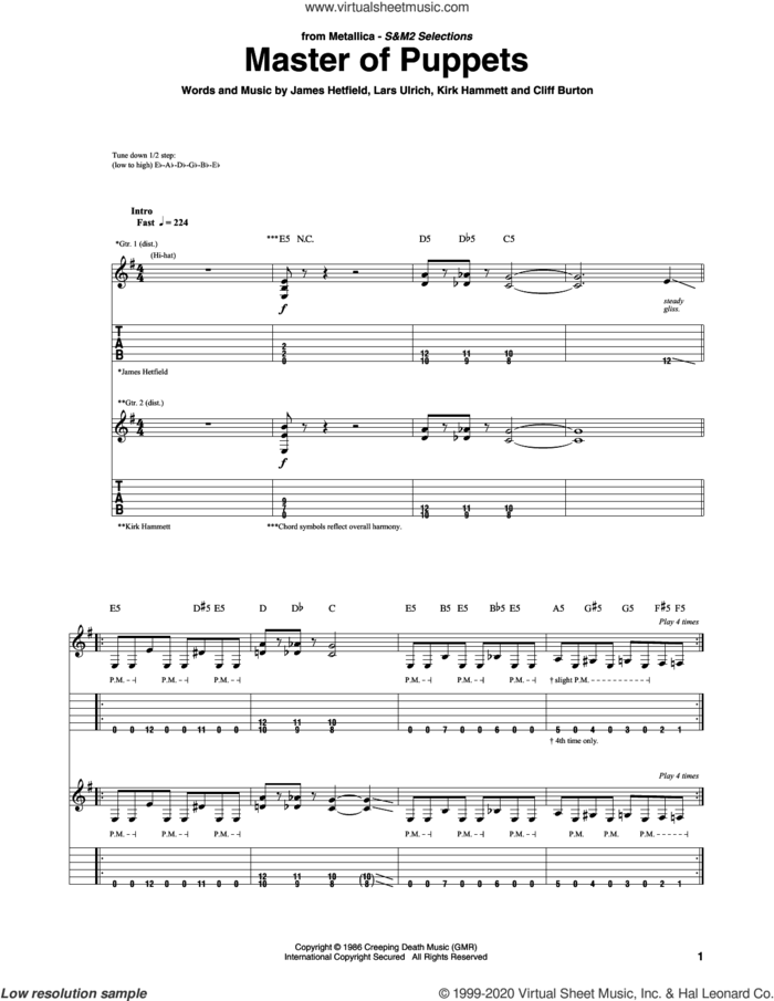 Master Of Puppets sheet music for guitar (tablature) by Metallica, Cliff Burton, James Hetfield, Kirk Hammett and Lars Ulrich, intermediate skill level