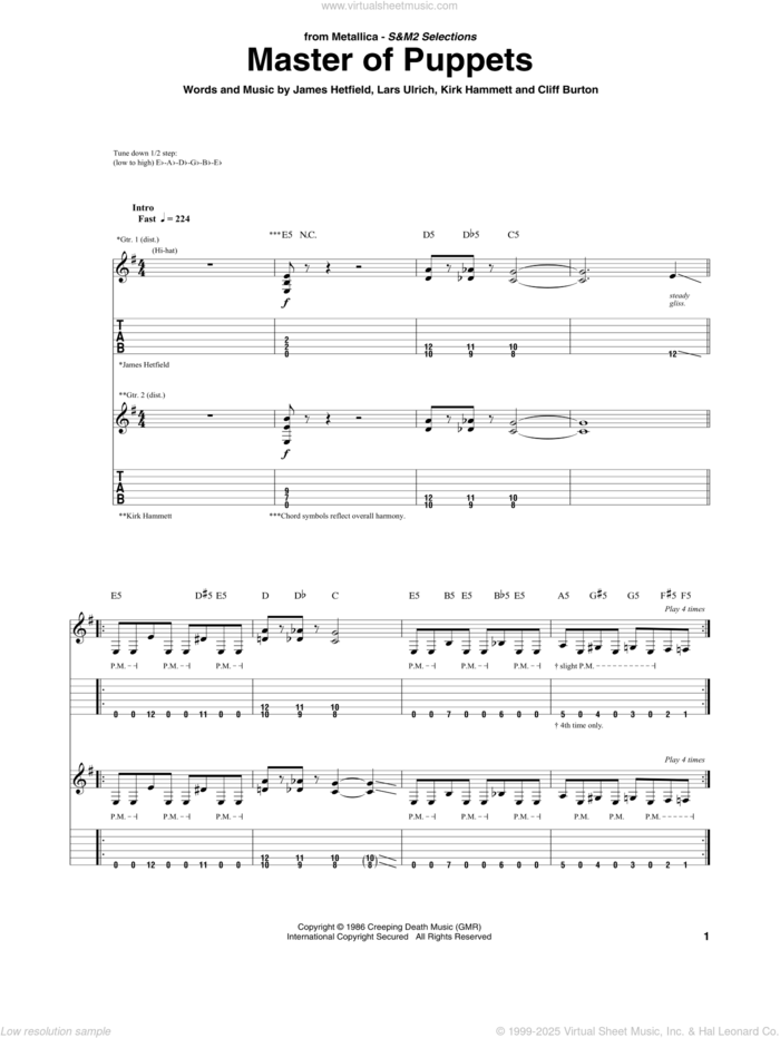 Master Of Puppets sheet music for guitar (tablature) by Metallica, Cliff Burton, James Hetfield, Kirk Hammett and Lars Ulrich, intermediate skill level