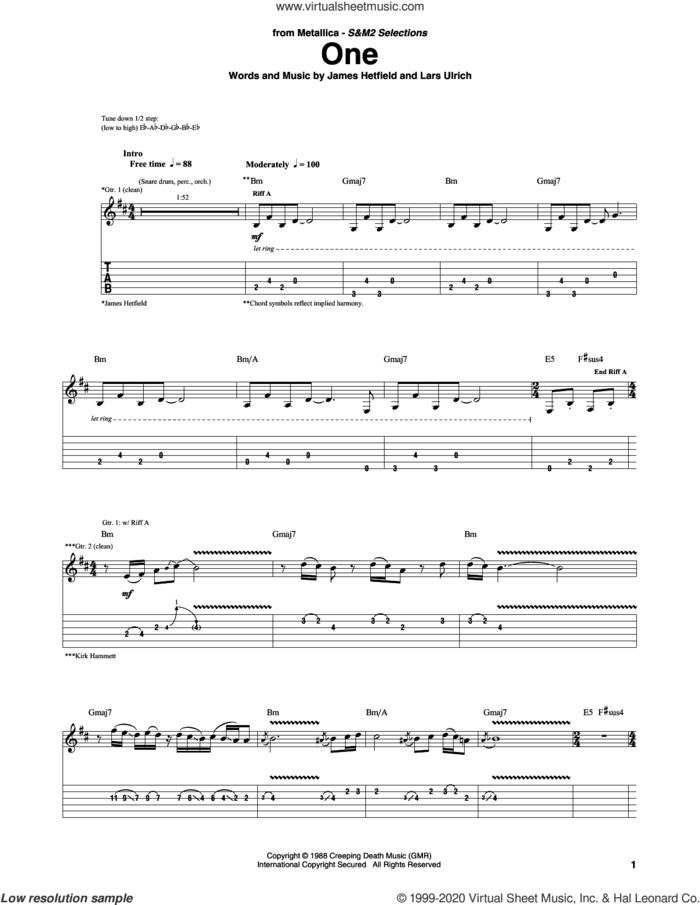 One sheet music for guitar (tablature) by Metallica, James Hetfield and Lars Ulrich, intermediate skill level