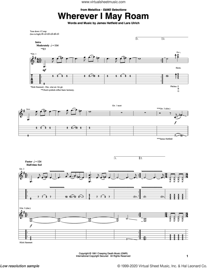 Wherever I May Roam sheet music for guitar (tablature) by Metallica, James Hetfield and Lars Ulrich, intermediate skill level