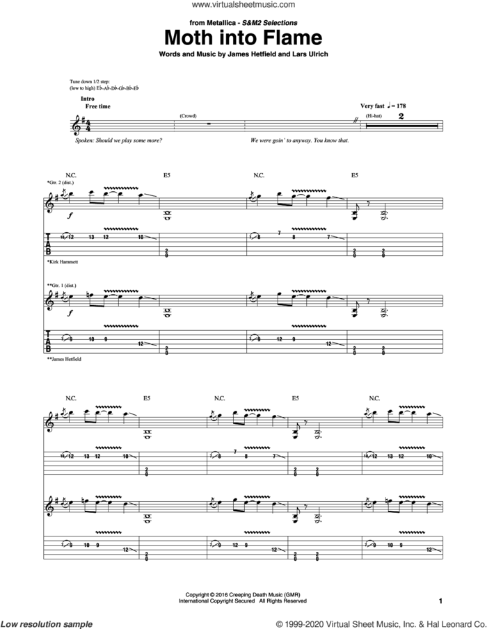 Moth Into Flame sheet music for guitar (tablature) by Metallica, James Hetfield and Lars Ulrich, intermediate skill level