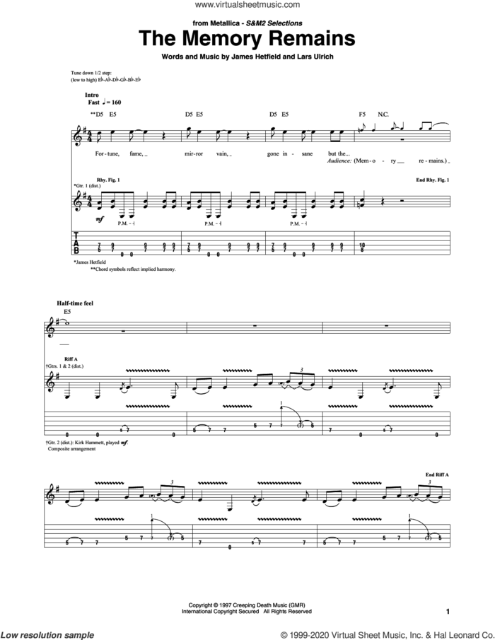 The Memory Remains sheet music for guitar (tablature) by Metallica, James Hetfield and Lars Ulrich, intermediate skill level