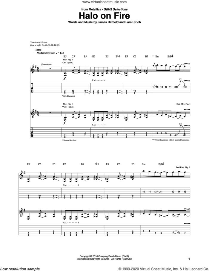 Halo On Fire sheet music for guitar (tablature) by Metallica, James Hetfield and Lars Ulrich, intermediate skill level