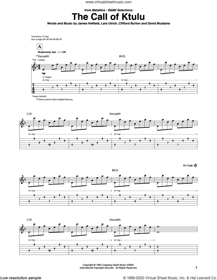 The Call Of Ktulu sheet music for guitar (tablature) by Metallica, Clifford Burton, Dave Mustaine, James Hetfield and Lars Ulrich, intermediate skill level
