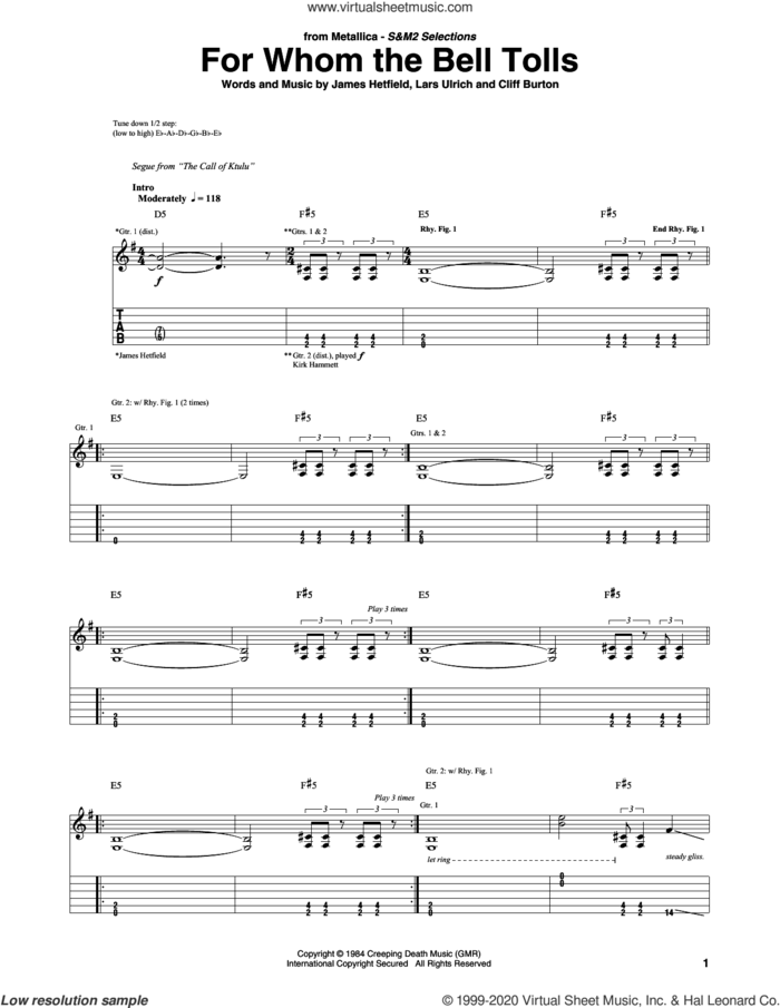 For Whom The Bell Tolls sheet music for guitar (tablature) by Metallica, Cliff Burton, James Hetfield and Lars Ulrich, intermediate skill level