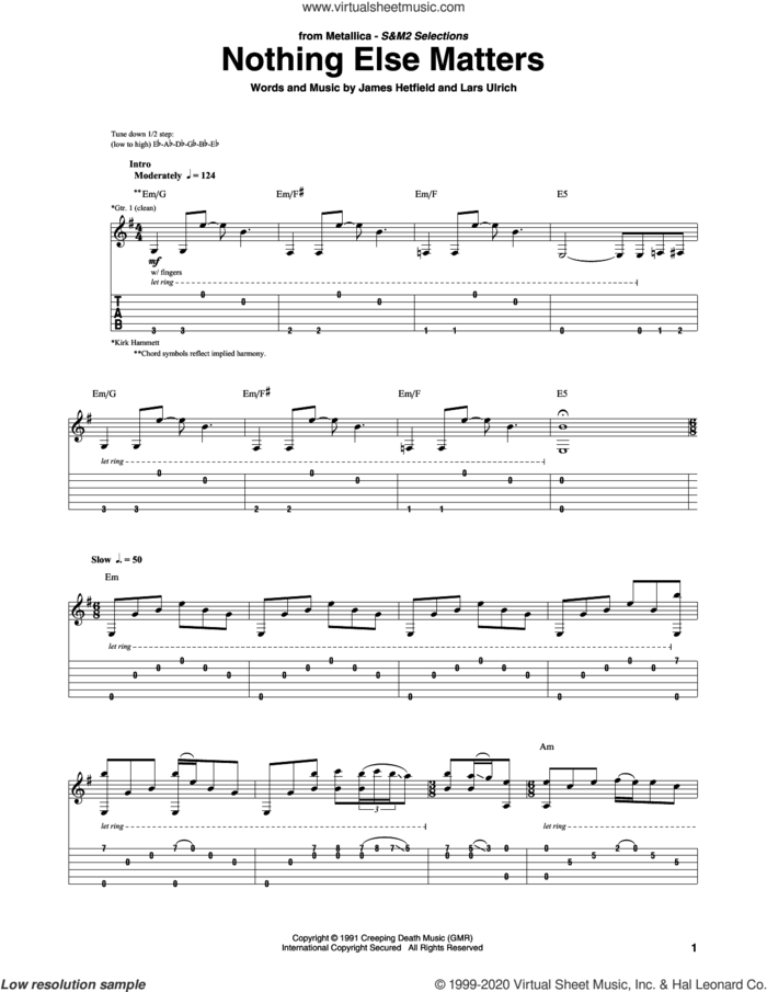 Nothing Else Matters sheet music for guitar (tablature) by Metallica, James Hetfield and Lars Ulrich, intermediate skill level