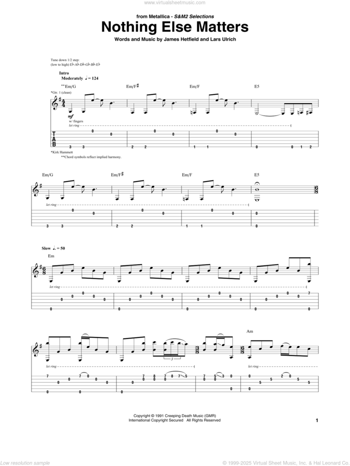 Nothing Else Matters sheet music for guitar (tablature) by Metallica, James Hetfield and Lars Ulrich, intermediate skill level