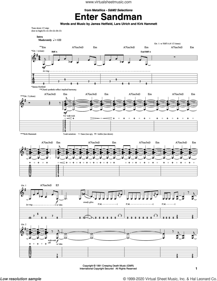 Enter Sandman sheet music for guitar (tablature) by Metallica, James Hetfield, Kirk Hammett and Lars Ulrich, intermediate skill level