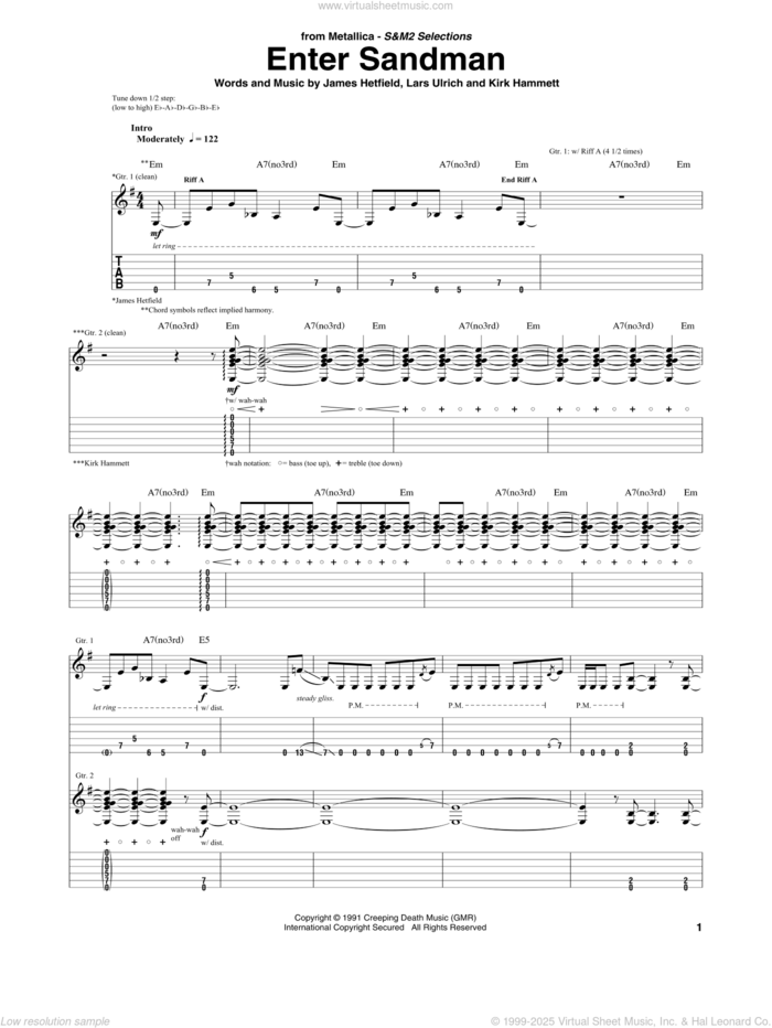 Enter Sandman sheet music for guitar (tablature) by Metallica, James Hetfield, Kirk Hammett and Lars Ulrich, intermediate skill level