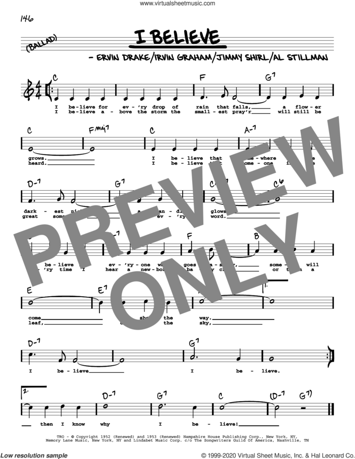 I Believe (High Voice) sheet music for voice and other instruments (real book with lyrics) by Al Stillman, Ervin Drake, Irvin Graham and Jimmy Shirl, intermediate skill level