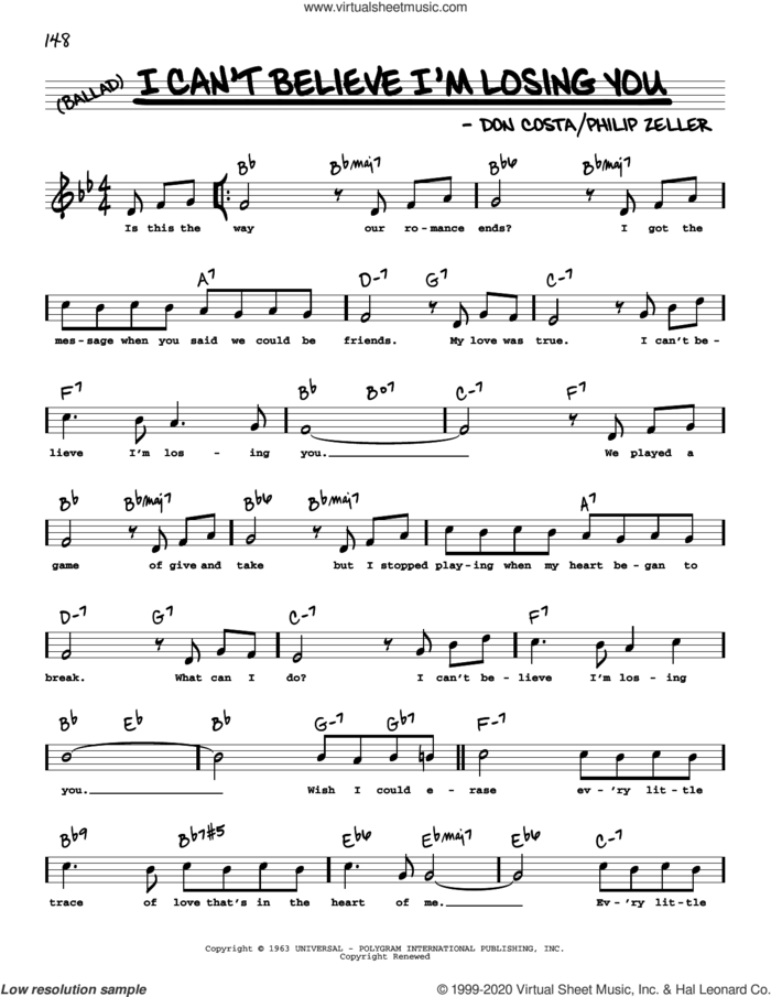 I Can't Believe I'm Losing You (High Voice) sheet music for voice and other instruments (real book with lyrics) by Frank Sinatra, Don Costa and Philip Zeller, intermediate skill level