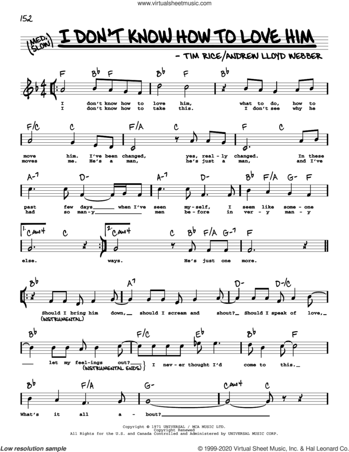 I Don't Know How To Love Him (from Jesus Christ Superstar) (High Voice) sheet music for voice and other instruments (real book with lyrics) by Andrew Lloyd Webber and Tim Rice, intermediate skill level