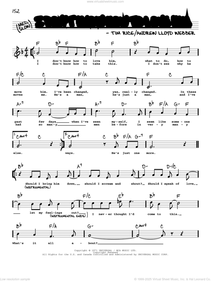 I Don't Know How To Love Him (from Jesus Christ Superstar) (High Voice) sheet music for voice and other instruments (real book with lyrics) by Andrew Lloyd Webber and Tim Rice, intermediate skill level