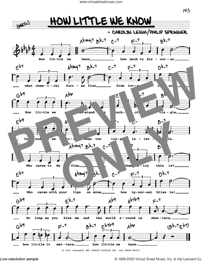 How Little We Know (High Voice) sheet music for voice and other instruments (real book with lyrics) by Frank Sinatra, Carolyn Leigh and Philip Springer, intermediate skill level