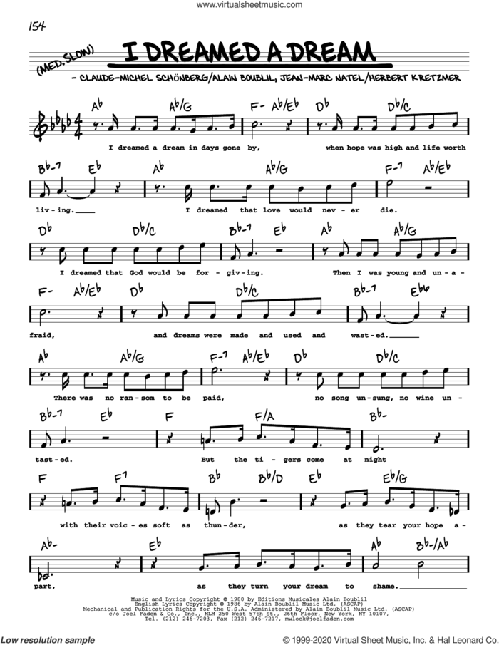 I Dreamed A Dream (from Les Miserables) (High Voice) sheet music for voice and other instruments (real book with lyrics) by Alain Boublil, Boublil & Schonberg, Claude-Michel Schonberg, Herbert Kretzmer and Jean-Marc Natel, intermediate skill level