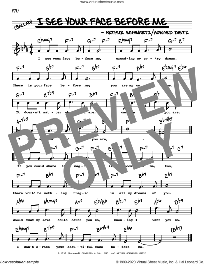 I See Your Face Before Me (High Voice) sheet music for voice and other instruments (real book with lyrics) by Arthur Schwartz and Howard Dietz, intermediate skill level