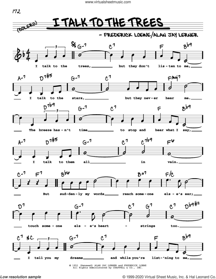 I Talk To The Trees (High Voice) sheet music for voice and other instruments (real book with lyrics) by Alan Jay Lerner, Frederick Loewe and Lerner & Loewe, intermediate skill level